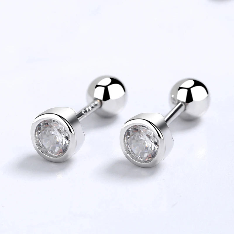 INZATT Real 925 Sterling Silver Zircon Round Screw Thread Bead Stud Earrings For Women Fine Jewelry Minimalist Accessories