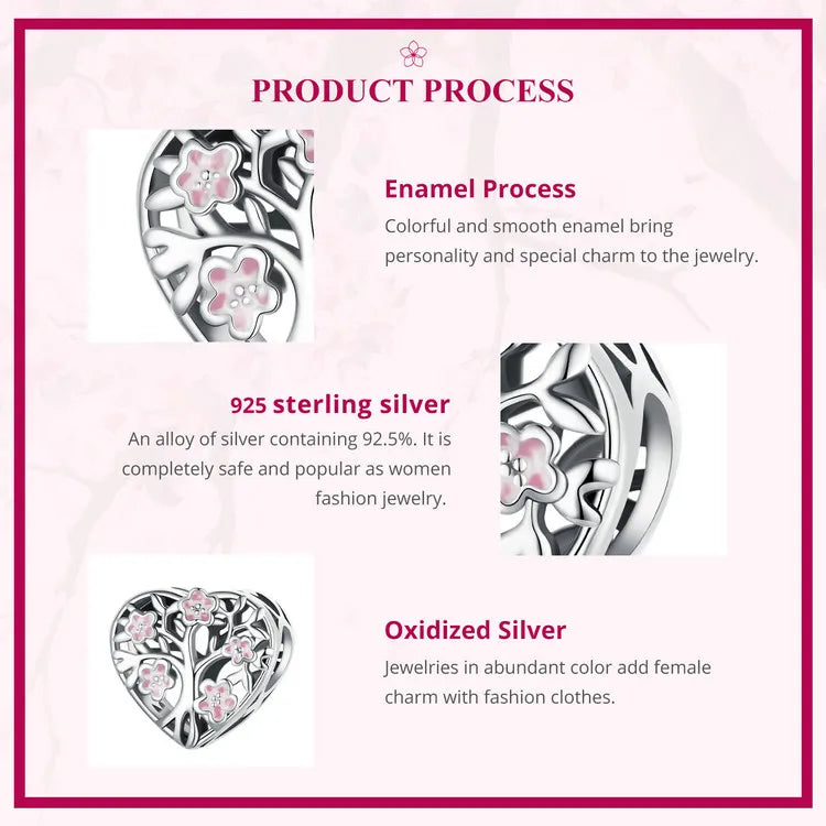 WOSTU 925 Sterling Silver Pink Life Tree Charms Flower Spacer Beads Infinite Heart Pendant Fit Original Bracelet DIY Jewelry