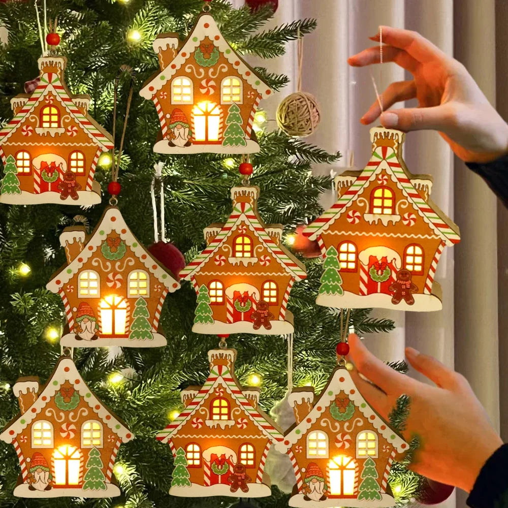 Christmas Night Lights Wooden House Pendant Gingerbread Man Hanging Ornaments for Home Party Xmas Trees Decoration Holiday Light