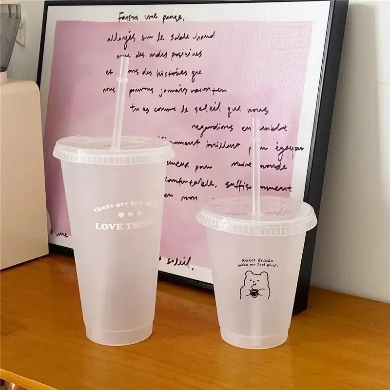 470/700ml Cute Korean Style PP Material Portable Water Bottle Coffee Juice Milk Tea Cup Plastic Cool Cup with Lid Straw Reusable