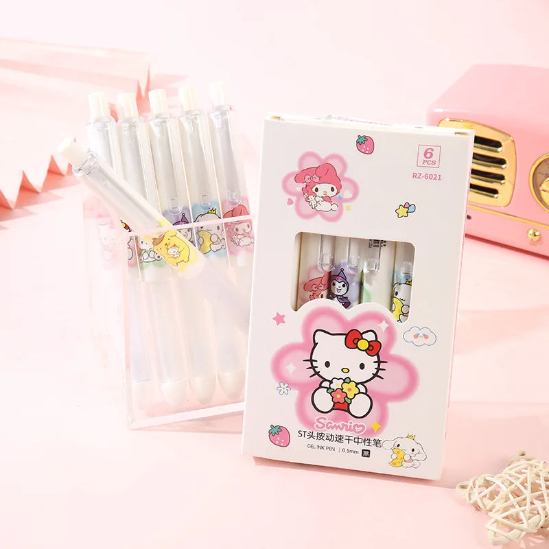 6Pcs Sanrio Hello Kitty Gel Pen Cute Cartoon Kuromi Cinnamoroll High Appearance Press Pen School Supplies Girl&Child Gifts