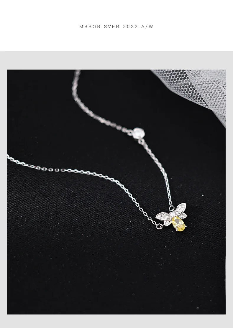 Fashion 925 Sterling Silver Small Bee Zircon Necklace Charm Animal Pendant Cute Clavicle Chains Fine Jewelry for Women