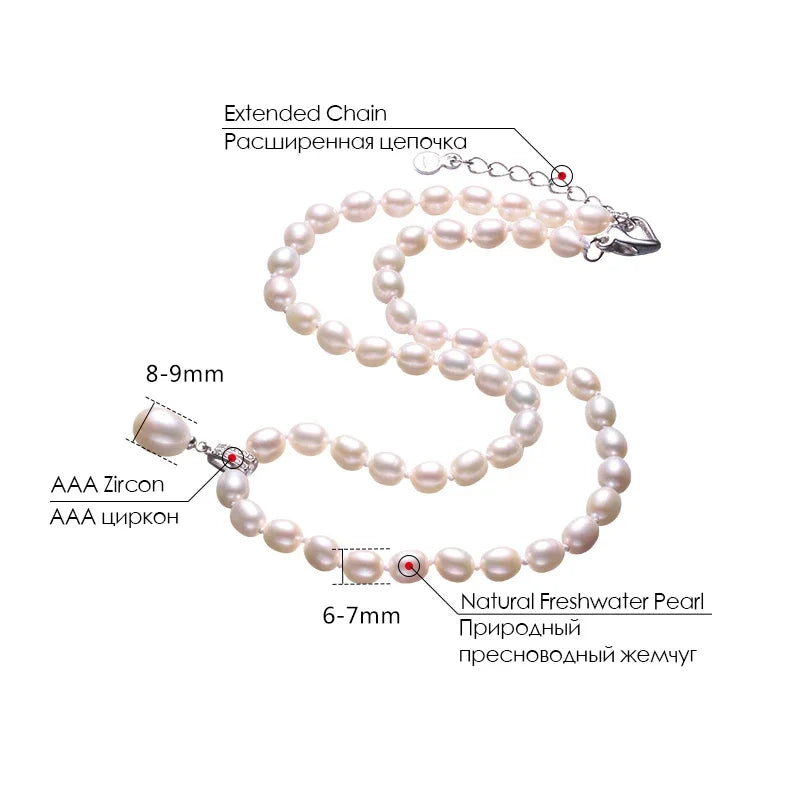 Dainashi 925 Sterling Silver Pearl Necklace,White/Pink/Purple Natural Freshwater Pearl,6-7/8-9 mm,45cm+5cm Length,Fine Jewelry