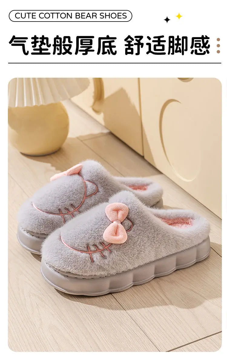 New green bow slippers winter women's 2024 shoes thick sole fuzzy slippers for home mules shoes woman fluffy metal house slipper
