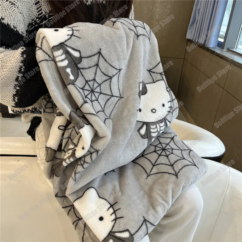 2024 Halloween Ghost Hello Kitty Plush Cartoon Large Flannel Blanket Cute Cotton Sofa Nap Blanket Bed Sheet Christmas Gift