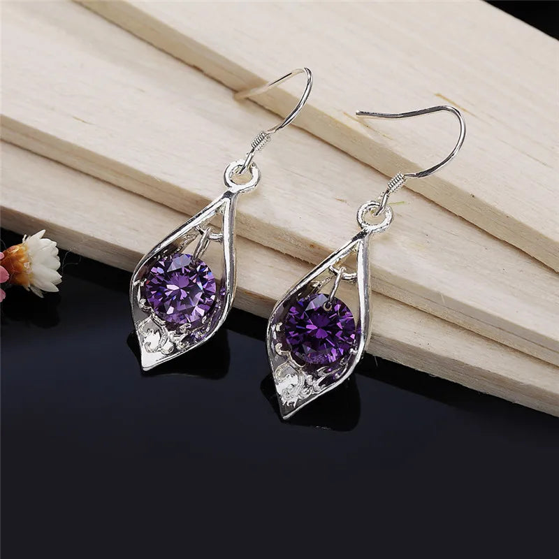 Pure 925 Sterling Silver Earrings Fashion Jewelry Elegant Woman Crystal Amethyst Shell Earrings Engagement Christmas Gifts