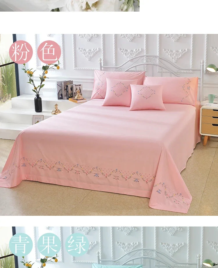 100% Cotton Greek Key Embroidery, 3-Piece Twin XL Kendell Bed Sheet Set, White/ Light Green/Pink