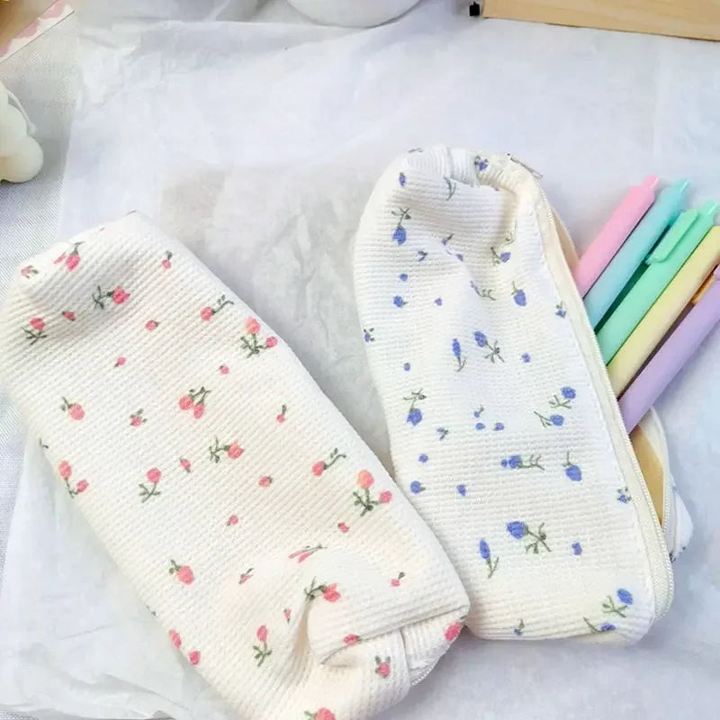 Cute Small Flowers Pencil Cases Floral Cotton Linen Pencil Bag Simple Pen Bag Storage Bags School Supplies Kawaii Stationery 1Pc