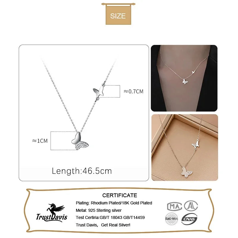 TrustDavis Real 925 Sterling Silver Necklace Insect Butterfly Dazzling CZ Necklace For Women Birthday Gift Fine Jewelry DA2936