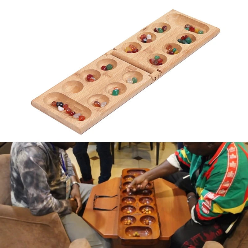 Mancala Board Games with Colorful Stones Pebbles Pebbles Folding Wooden Board Chess Set Kids Interaction Puzzle Children Toys