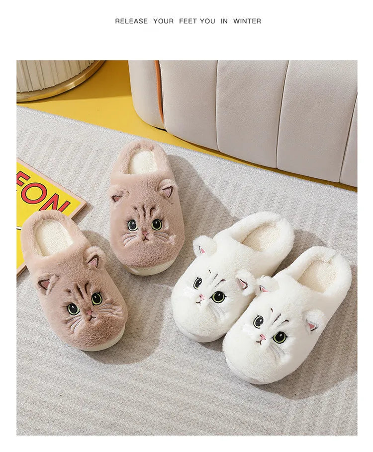 New Winter Women Lovely Cat Plush Slippers Warm Shoes Slides Cute Cartoon Cat Fuzzy Slippers Men Soft Footwear Home Cotton Shoes