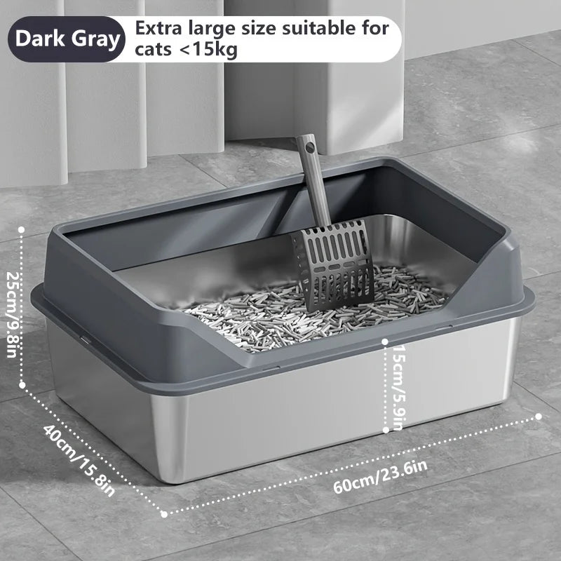 KEMORELA XL Extra Large Stainless Steel Litter Box Enclosure with Lid High Side Large Cat Litter Tray For Big Cat With Scoop