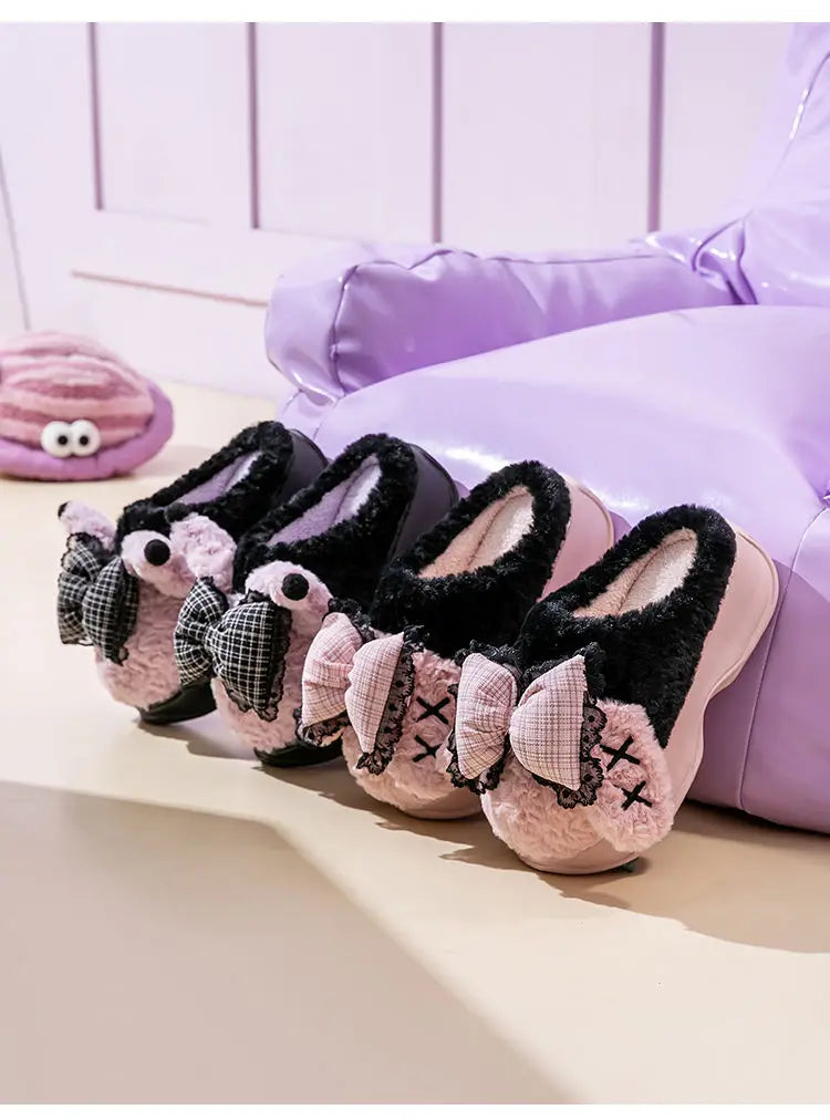 New green bow slippers winter women's 2024 shoes thick sole fuzzy slippers for home mules shoes woman fluffy metal house slipper