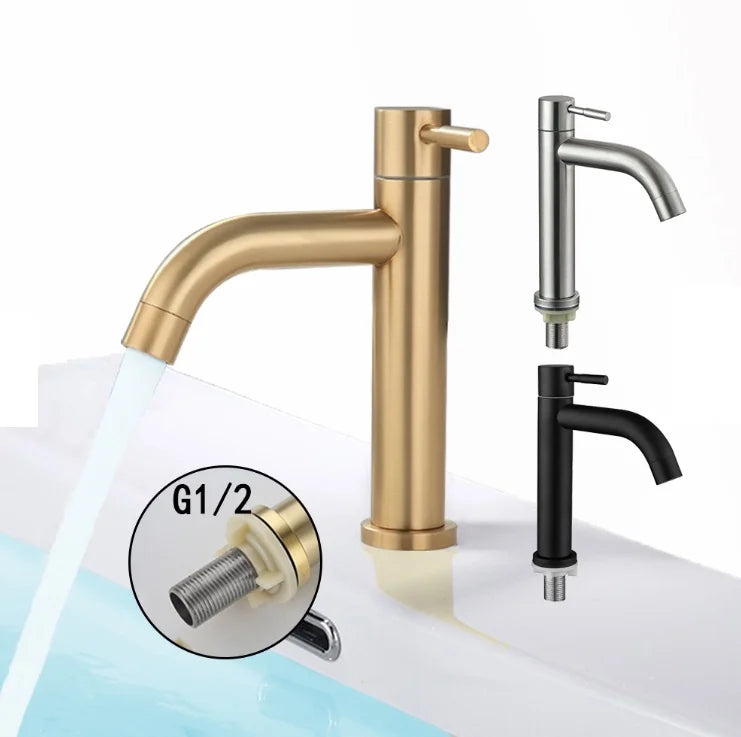 Bathroom Basin Faucet 1/2Inch 304 Stainless Steel Single Cold Water Tap Gold Black Sink Faucet Replacement Bathroom Accessories