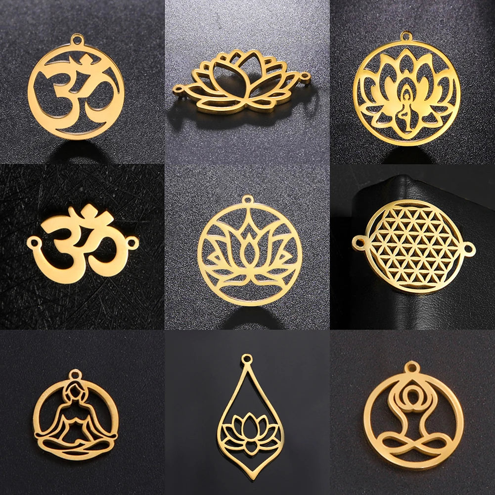 EUEAVAN 5pcs OM Buddhism Lotus Stainless Steel Charms for Jewelry Making Yoga Flower of Life Pendant DIY Necklace Bracelet Gifts