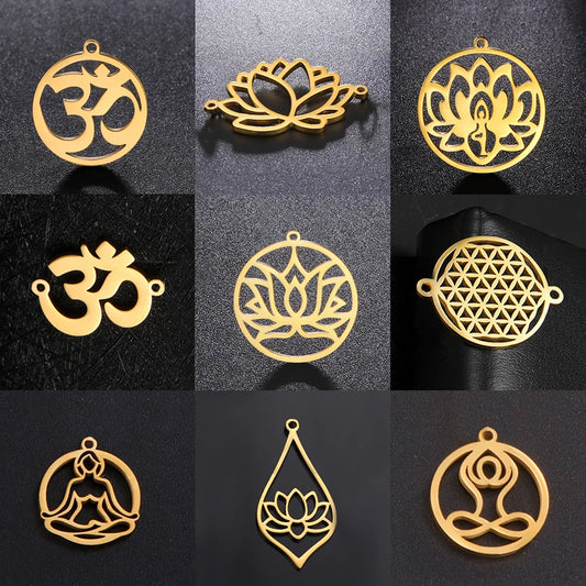 EUEAVAN 5pcs OM Buddhism Lotus Stainless Steel Charms for Jewelry Making Yoga Flower of Life Pendant DIY Necklace Bracelet Gifts