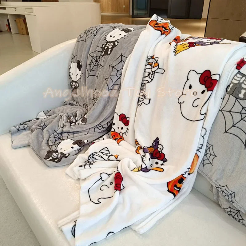 2024 Halloween Ghost Hello Kitty Plush Cartoon Large Flannel Blanket Cute Cotton Sofa Nap Blanket Bed Sheet Christmas Gift