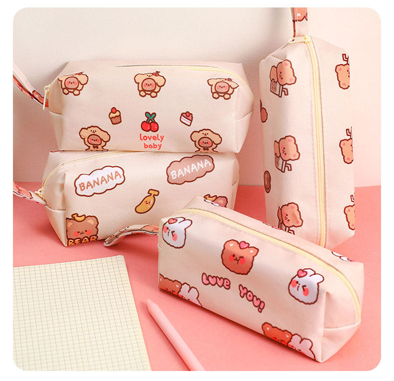 Cartoon Little Bear Canvas Pencil Case Student Ins Girl Heart Large Capacity Pencil Case Desktop Stationery
