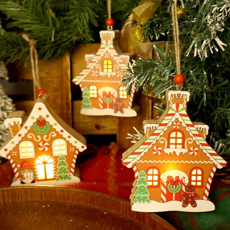 Christmas Night Lights Wooden House Pendant Gingerbread Man Hanging Ornaments for Home Party Xmas Trees Decoration Holiday Light