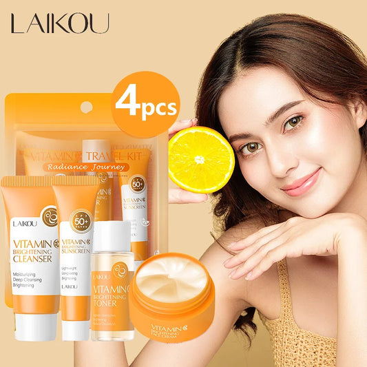 4pcs Vitamin C Skin Care Sets Face Cream Facial Cleanser Essence Spf 50+ VC Sunscreen Moisturizing Refresh Face Care travel Suit