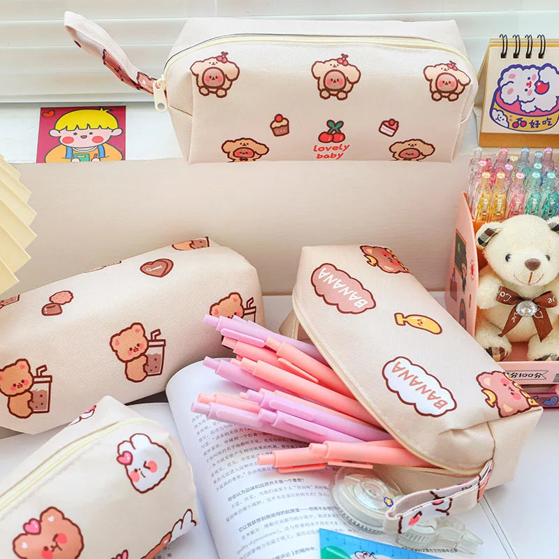 Cartoon Little Bear Canvas Pencil Case Student Ins Girl Heart Large Capacity Pencil Case Desktop Stationery