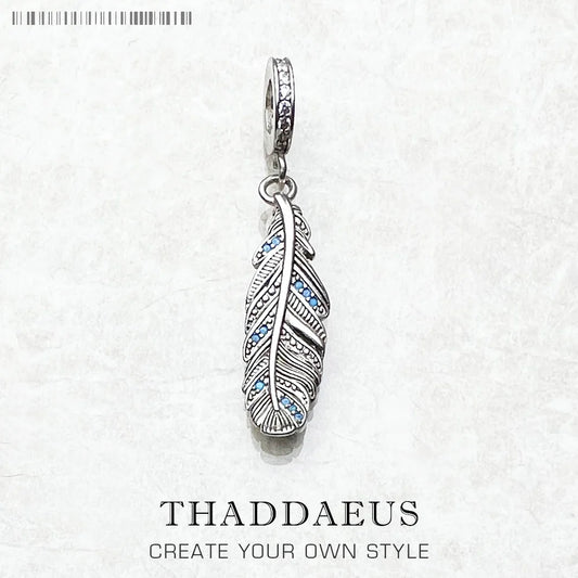 Fashion New 925 Sterling Silver Feather Blue Pendants Charm For Women Men Trendy Accessory Making