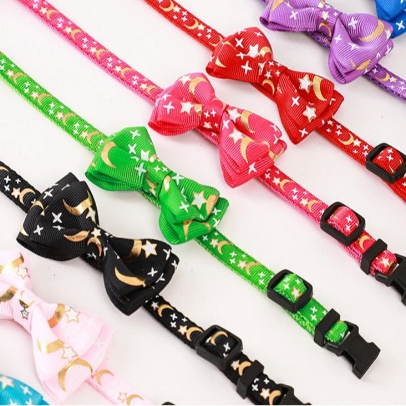 Cat Bow Bell Collar Hot Stamping Woven Stars and Moon Pattern Removable Bow Cat Puppy Collar Adjustable Dog Collar