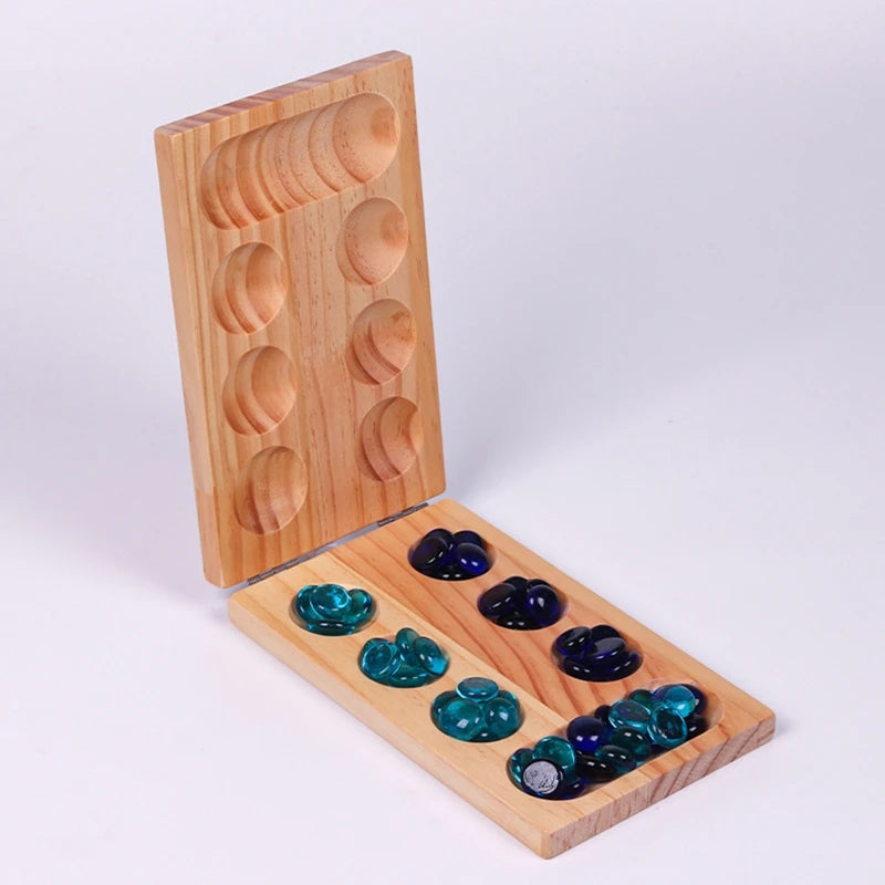 Mancala Board Games with Colorful Stones Pebbles Pebbles Folding Wooden Board Chess Set Kids Interaction Puzzle Children Toys