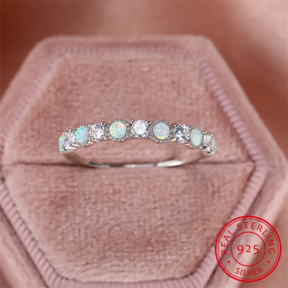 Single Row White Zircon Round Opal Ring Real 925 Sterling Silver Engagement Ring For Women Wedding Band Jewelry