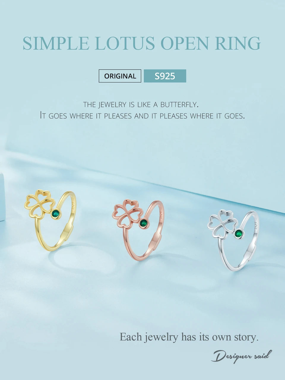 BAMOER 925 Sterling Silver Simple Four Leaf Clover Ring for Girl, Women 14K Gold Plated Promise Lucky Ring 3 Colors SCR843