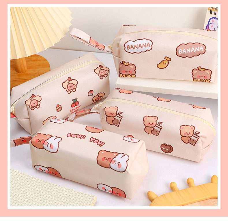 Cartoon Little Bear Canvas Pencil Case Student Ins Girl Heart Large Capacity Pencil Case Desktop Stationery