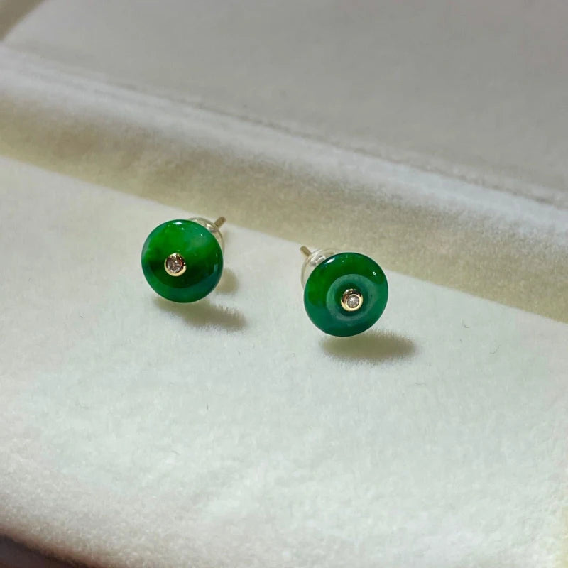 New In Natural Hotan Jade Green Round stud earings vintage Silver Inlaid earrings for women Classical Simple Party  jewelry