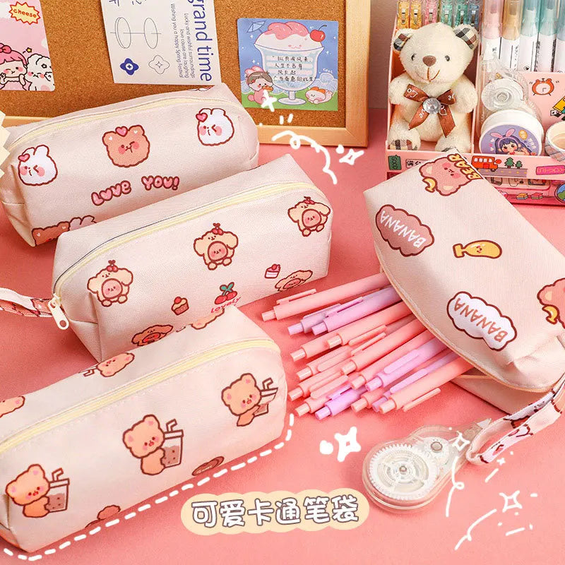 Cartoon Little Bear Canvas Pencil Case Student Ins Girl Heart Large Capacity Pencil Case Desktop Stationery