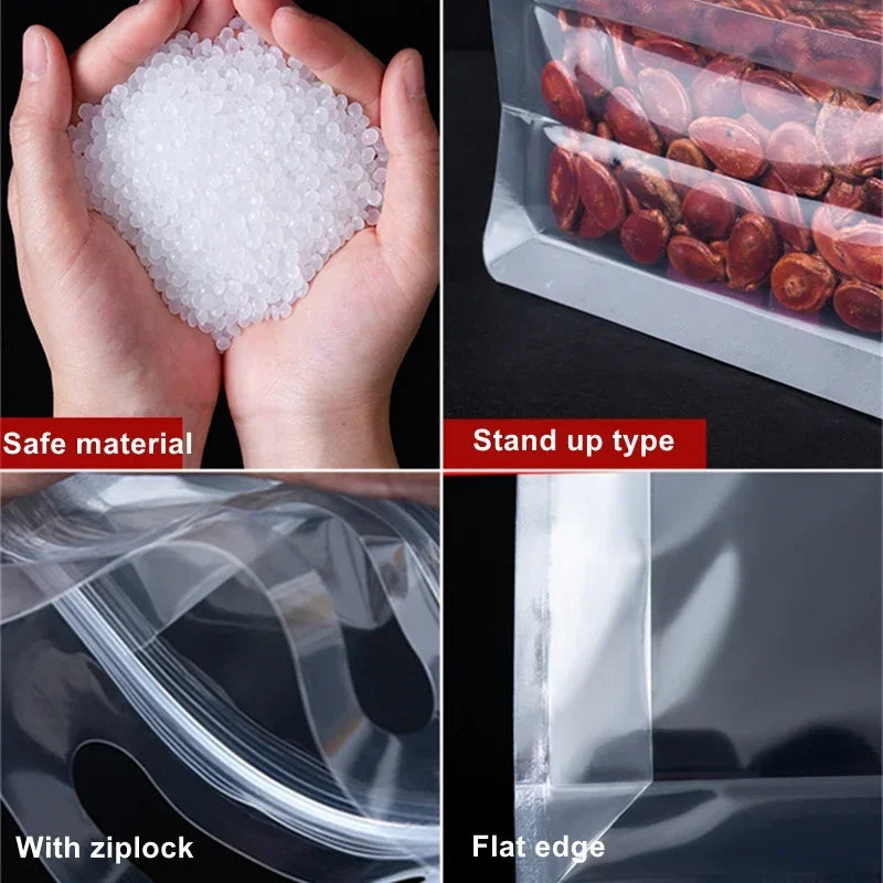 50Pcs Food Packaging Ziplock Bags Transparent with Handle Stand Up Sealed for Candy Nuts Storage Reusable Zip Lock Pouches