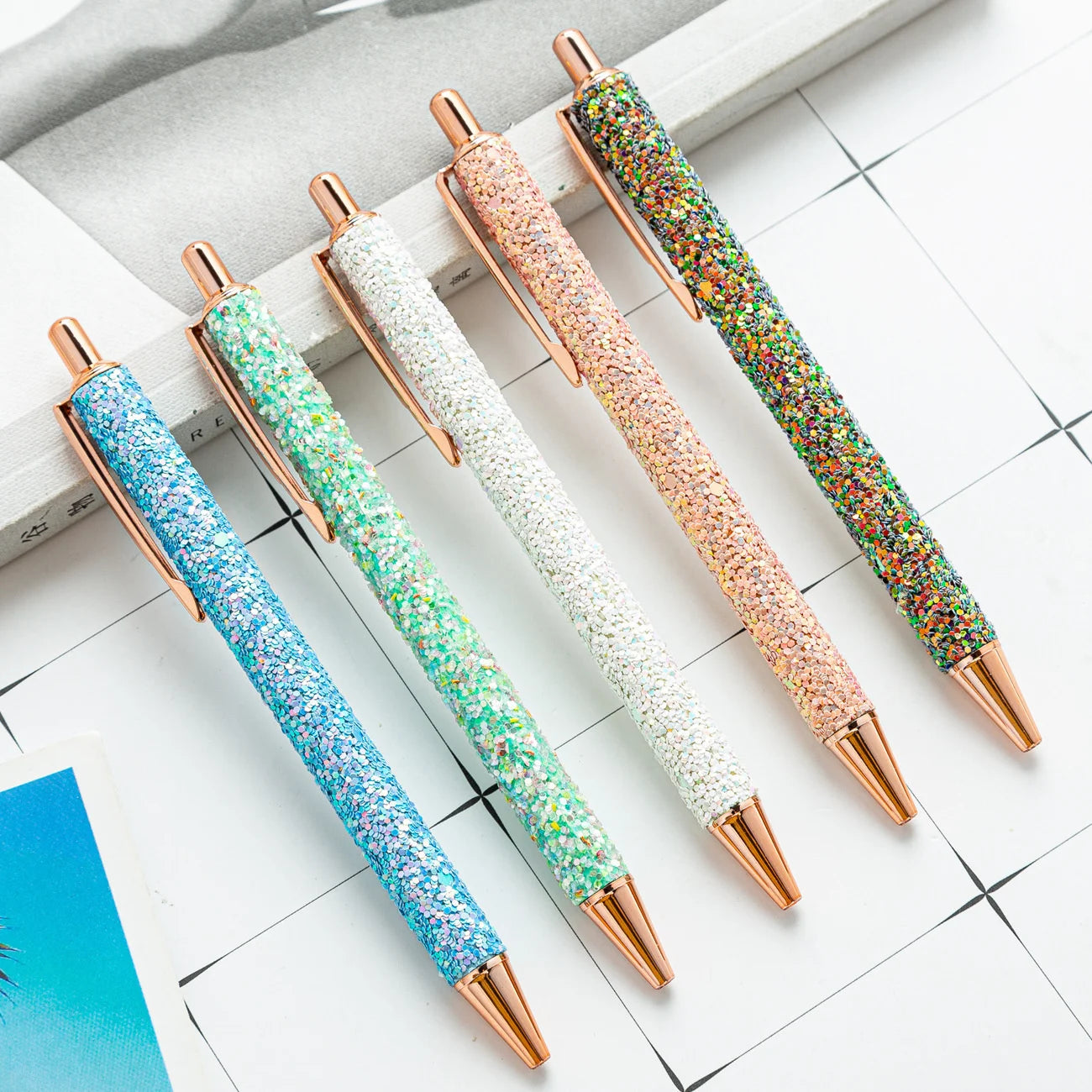 Lytwtw's-Rhinestone Roller Ballpoint Pen Luxury Cute Wedding Rose Gold Metal Stationery School Office Supply Spinning 4 Pieces