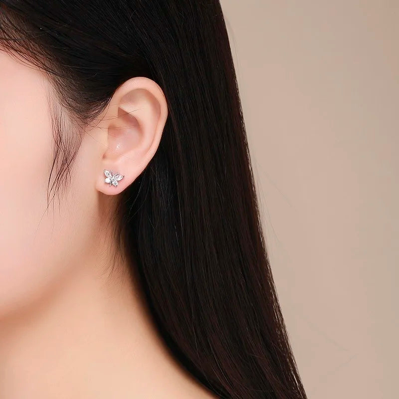 Cute 925 Sterling Silver Butterfly Pink CZ Screw Back Stud Earrings For Women Child Girls Kids Jewellery Orecchini Aros Aretes