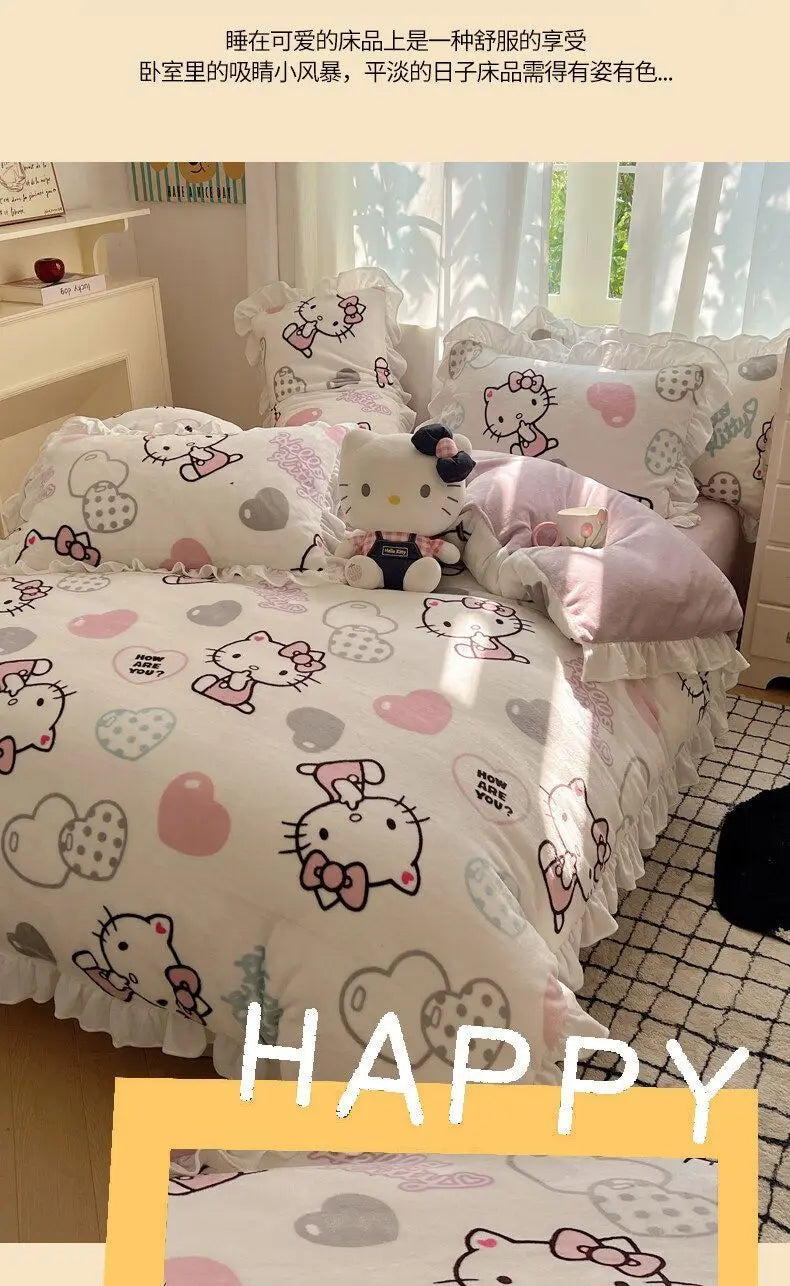 Sanrio Hello Kitty Kuromi cartoon cute warm plus velvet lace four-piece set creative student children's bed sheet quilt cover