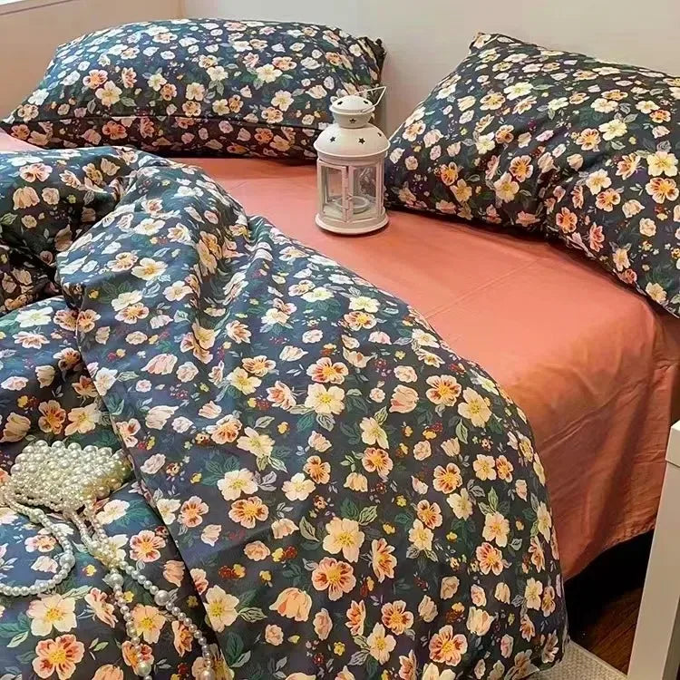 Romantic Bedding Set Floral Ins Style Duvet Cover Flat Sheet with Pillowcases Single Queen Full Size Boys Girls Korean Bed Linen