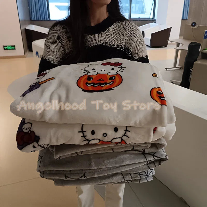 2024 Halloween Ghost Hello Kitty Plush Cartoon Large Flannel Blanket Cute Cotton Sofa Nap Blanket Bed Sheet Christmas Gift