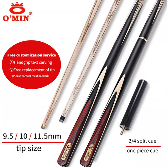 OMIN-Professional Snooker Stick with Original Bag, Ash Shaft 3/4 Split One Piece Cue Tip 9.5mm 10mm 11mm 145cm Extended section