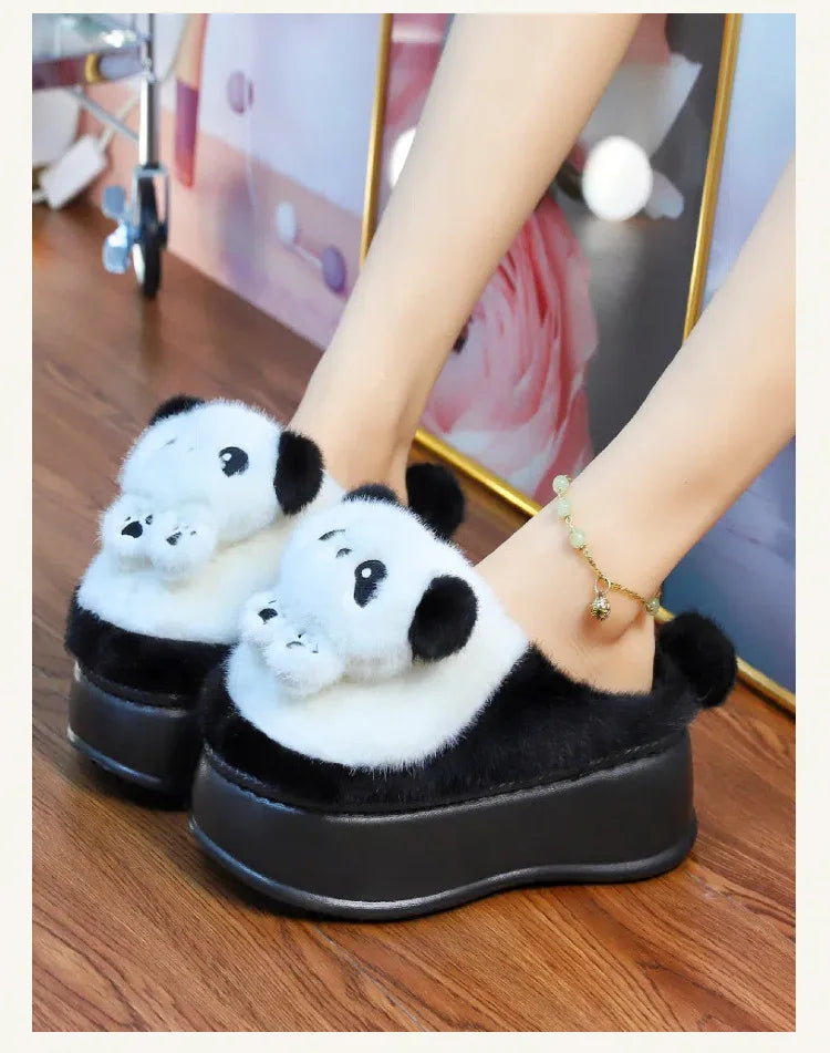 New high heel panda shoes women's winter loafer thick slippers woman fluffy slip on shoes ladies animal warm fuzzy home slipper