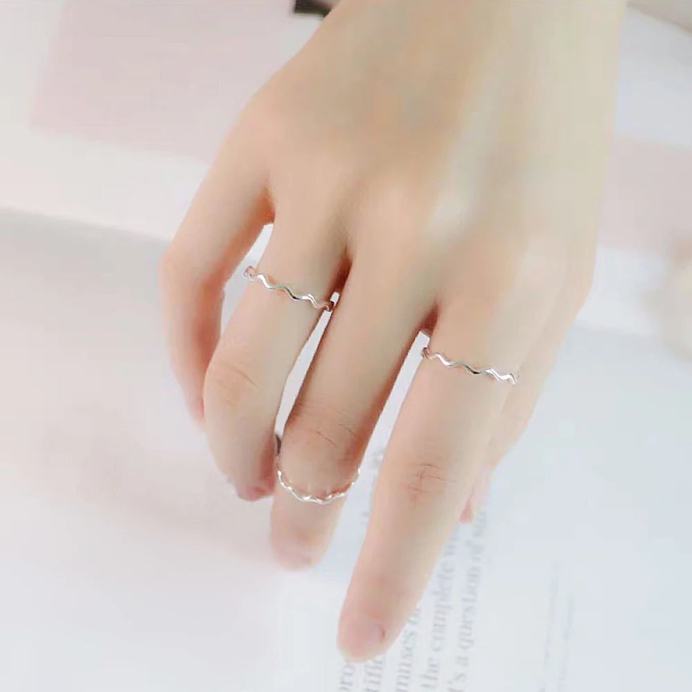 Real 925 Sterling Silver Finger Rings Rose Gold Simple Thin Line Curve Wave Wild Smooth Woman Girl Rings Striped Jewelry Wedding