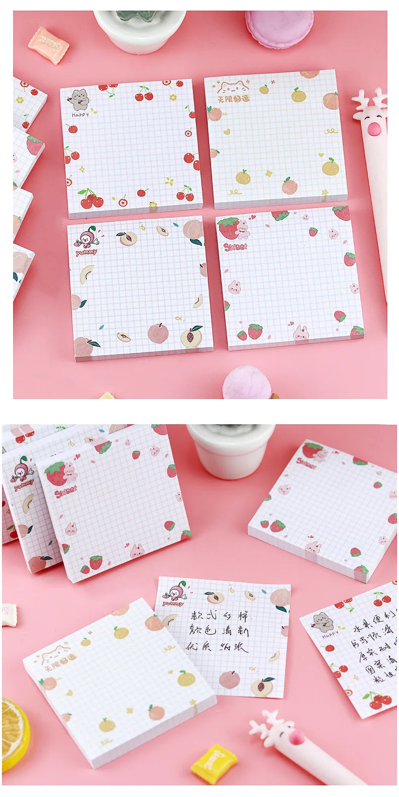80 pages/pack Kawaii Animals And Fruits Sticky Notes Memo Pad To Do List Cute Journaling Supplies Planner Sticker Deco