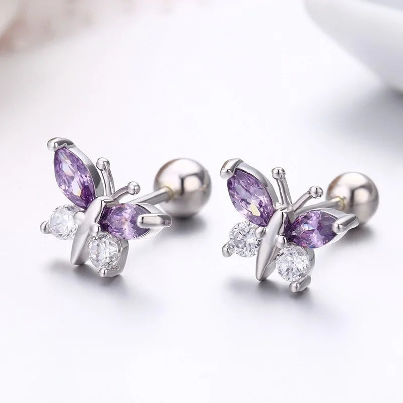 Cute 925 Sterling Silver Butterfly Pink CZ Screw Back Stud Earrings For Women Child Girls Kids Jewellery Orecchini Aros Aretes