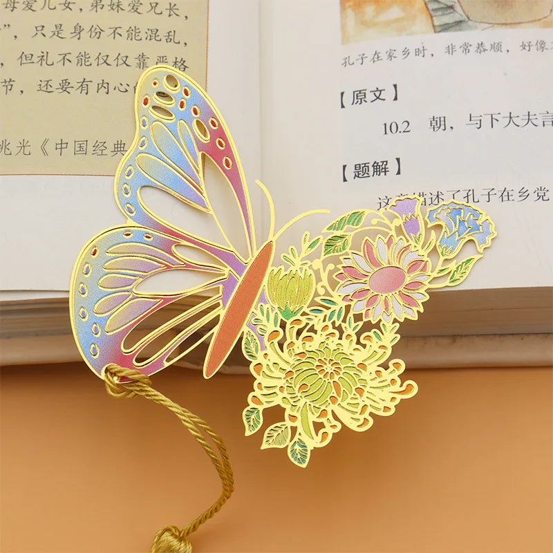 Metal Butterfly Flower Bookmarks Exquisitely Hollow Tassel Pendant Book Clip Students Reading Tool School Stationery Supplies