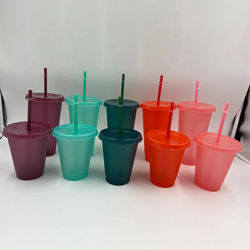 500/710ML Flash Powder Water Bottle With Straws Lid Plastic Reusable Personalized Drinkware Coffee Drinking Cup Christmas Gifts