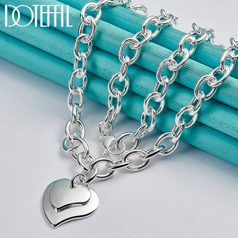 DOTEFFIL 925 Sterling Silver Double Heart Pendant 18 Inch Chain Necklace For Women Wedding Engagement Fashion Jewelry