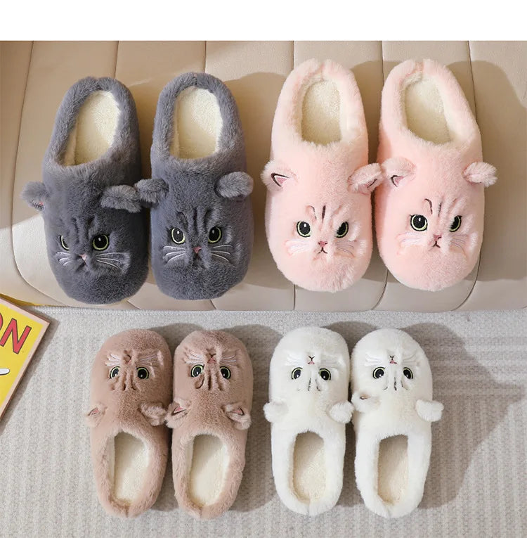 New Winter Women Lovely Cat Plush Slippers Warm Shoes Slides Cute Cartoon Cat Fuzzy Slippers Men Soft Footwear Home Cotton Shoes