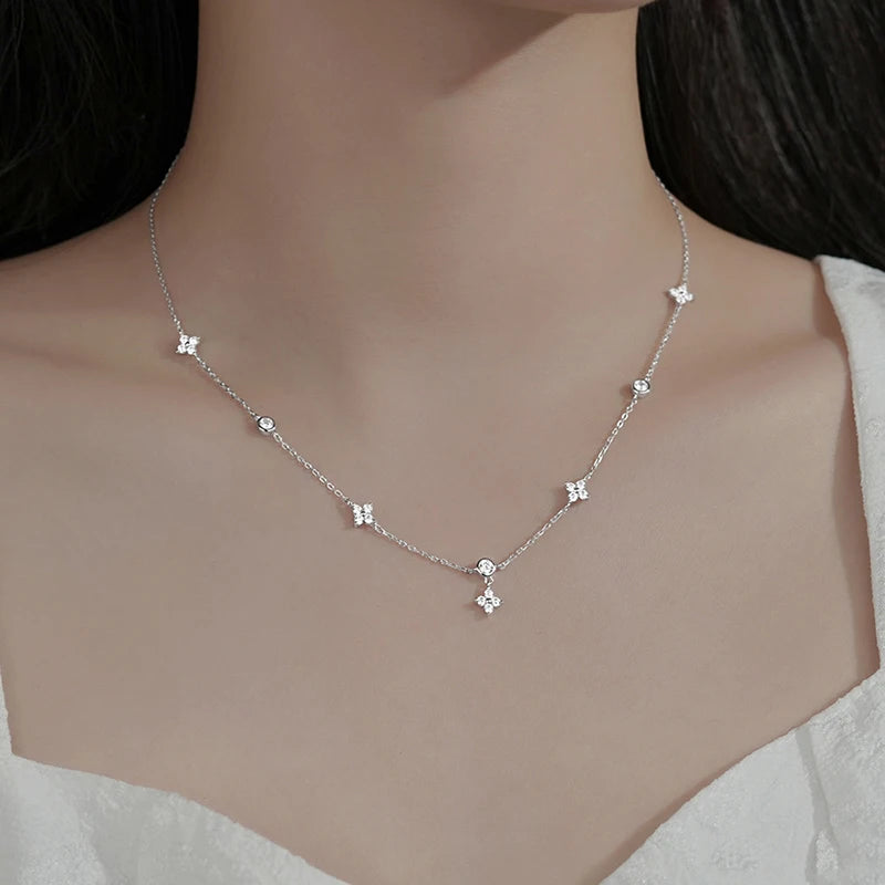 INZATT Real 925 Sterling Silver Zircon CZ Clover Series Pendant Choker Necklace for Women Light Luxury Fine Jewelry Accessories