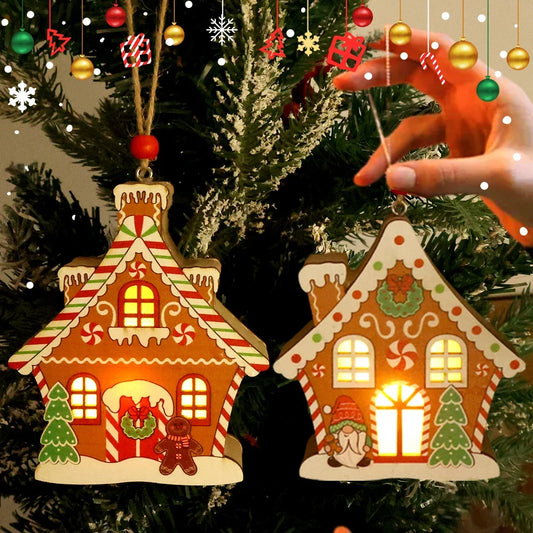 Christmas Night Lights Wooden House Pendant Gingerbread Man Hanging Ornaments for Home Party Xmas Trees Decoration Holiday Light